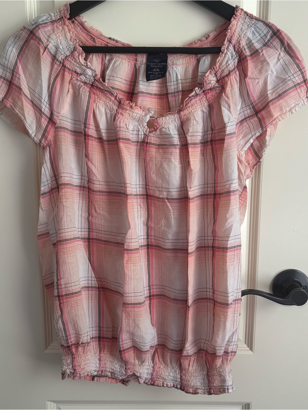 Faded Glory Pink and White Plaid Short-Sleeve Peasant Top